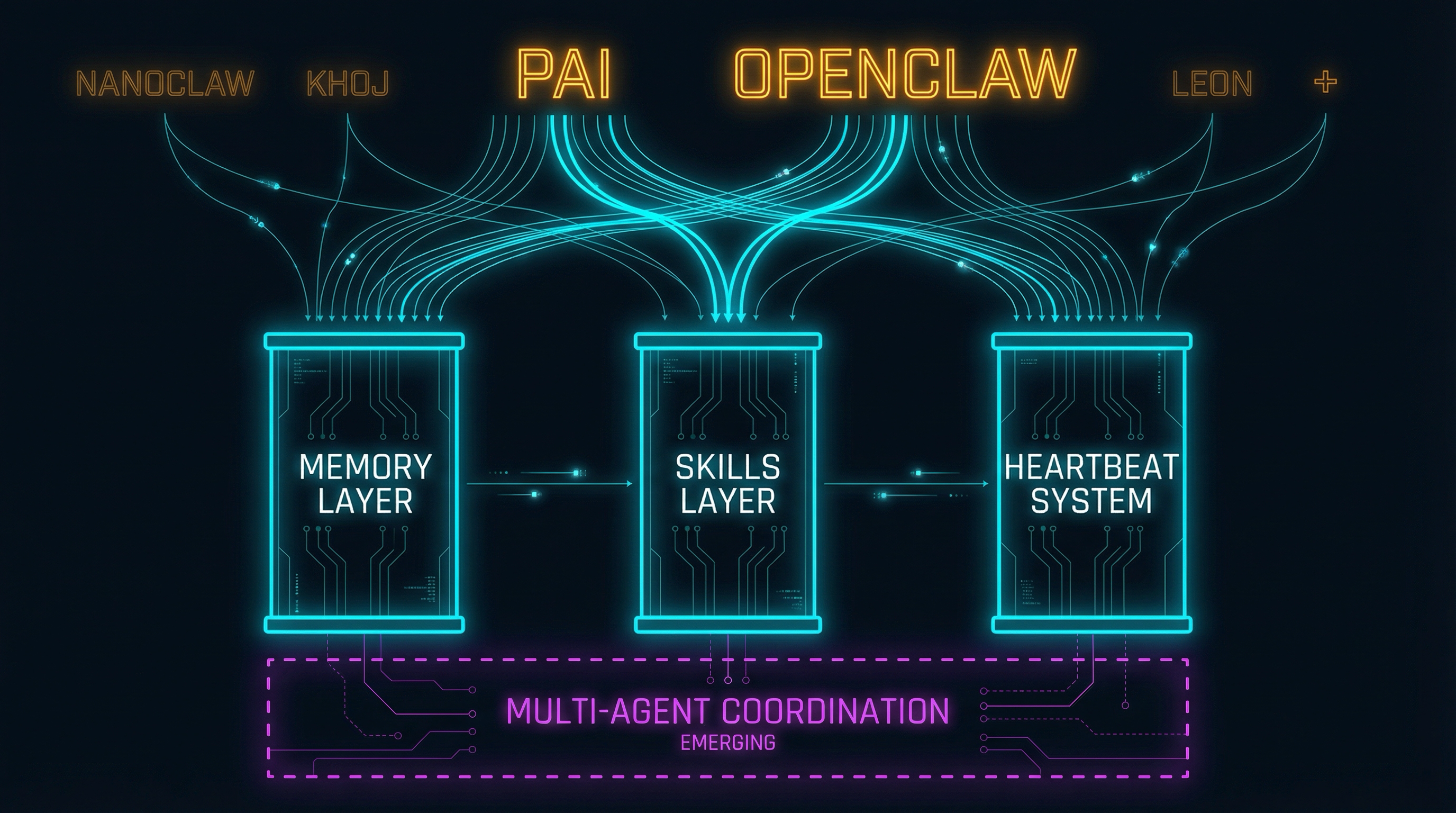 The converged personal AI stack — Memory Layer, Skills Layer, Heartbeat System — with multiple builders converging from above, and Multi-Agent Coordination emerging below