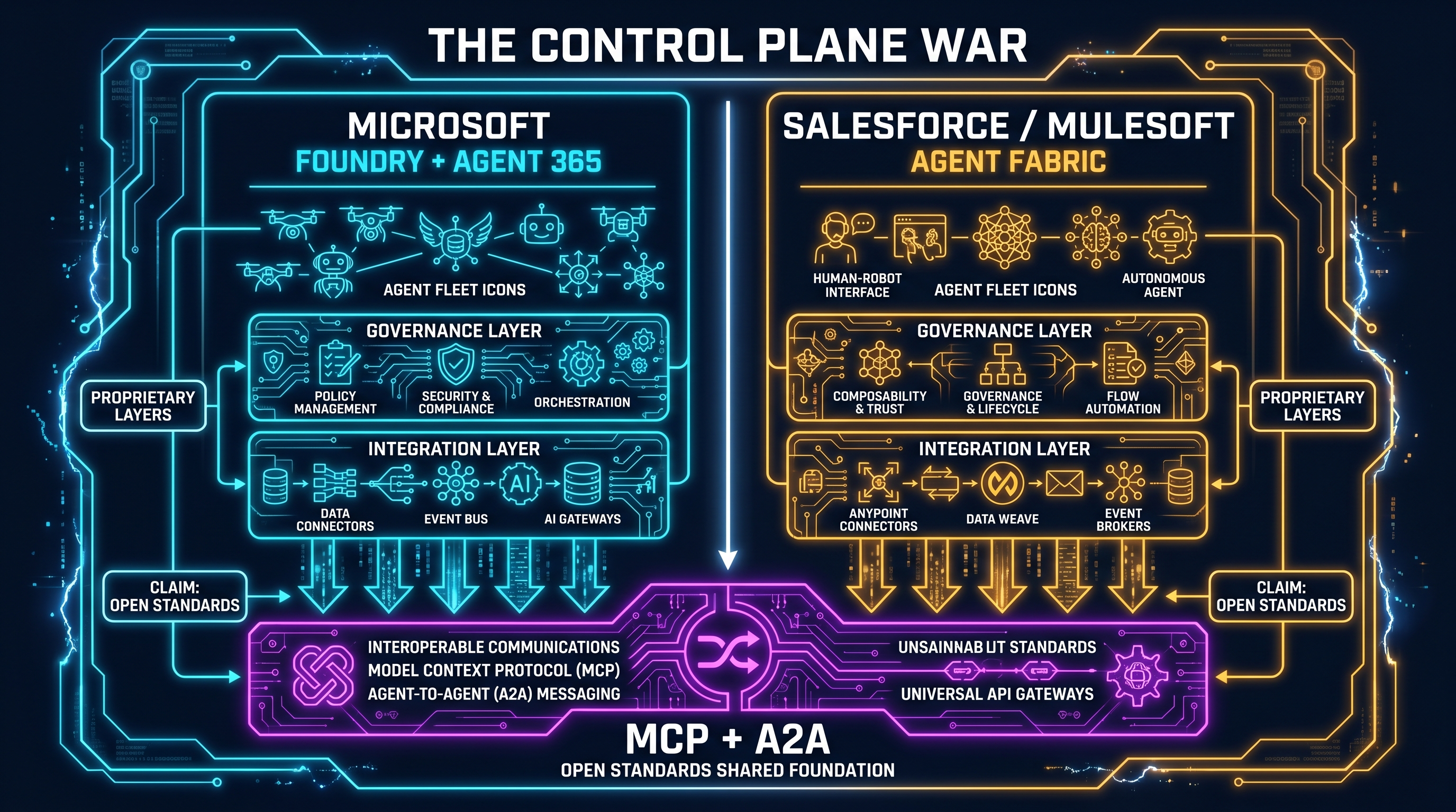 The agent control plane war: open protocols at the wire layer, proprietary registries and identity above