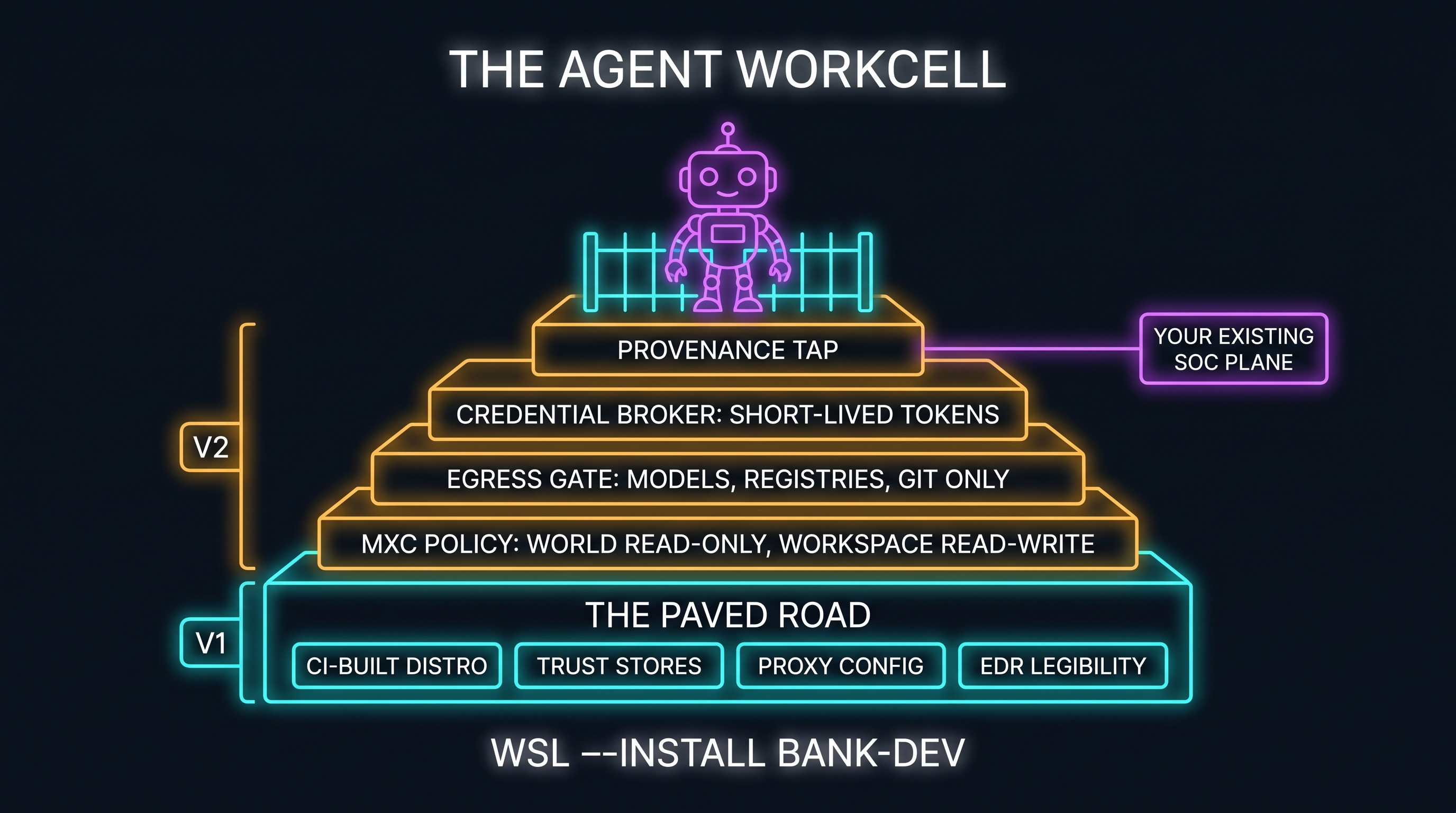 The v2 agent-ready image: MXC policy, egress allowlist, credential broker, and provenance hooks layered on the v1 paved-road distro