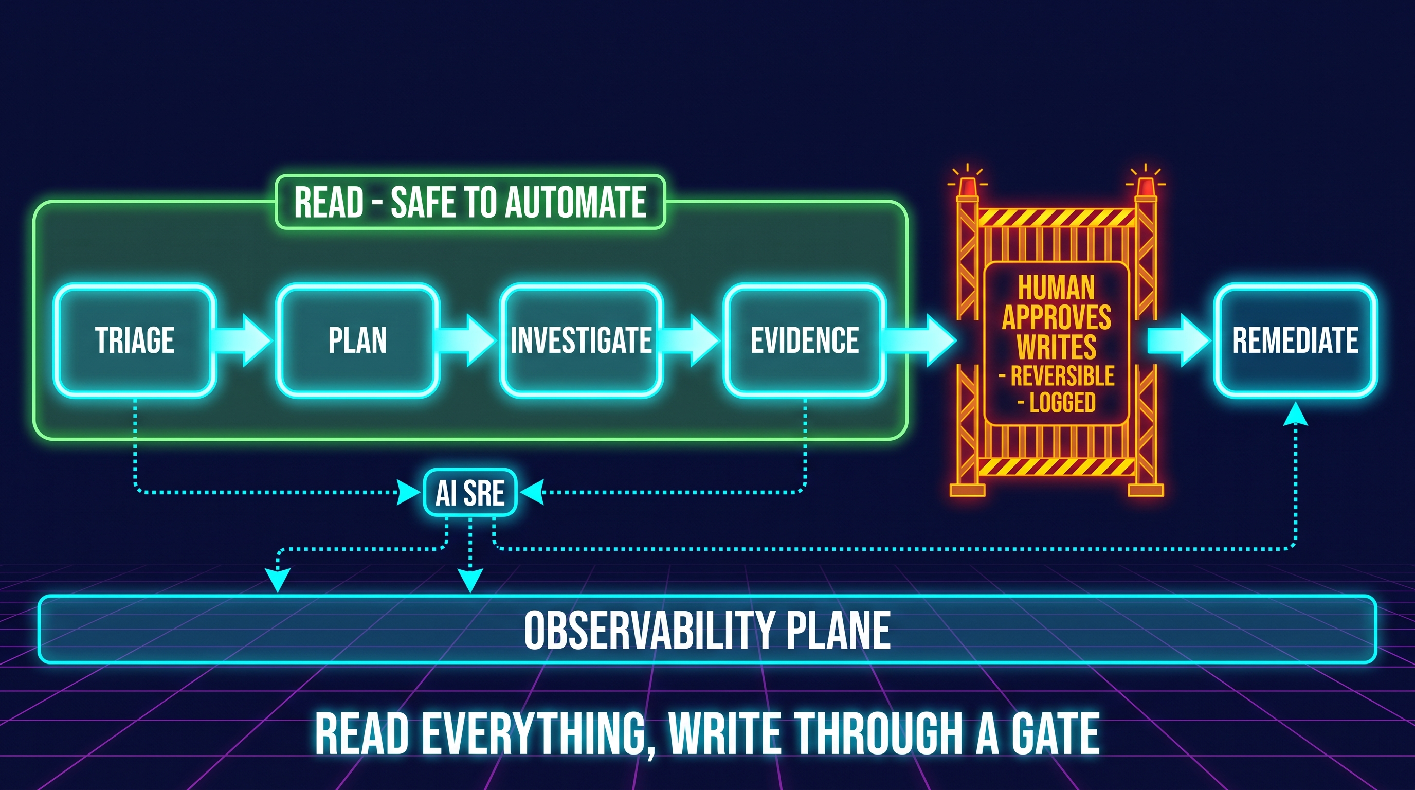 A five-stage AI SRE pipeline left to right: triage, plan, investigate, evidence, remediate. The first four stages are inside a green "read, safe to automate" zone. The final "remediate" stage sits behind a gate marked "human approves writes, reversible, logged." Below the pipeline, the AI SRE is drawn emitting its own trace into the same observability plane it queries. Caption: read everything, write through a gate.