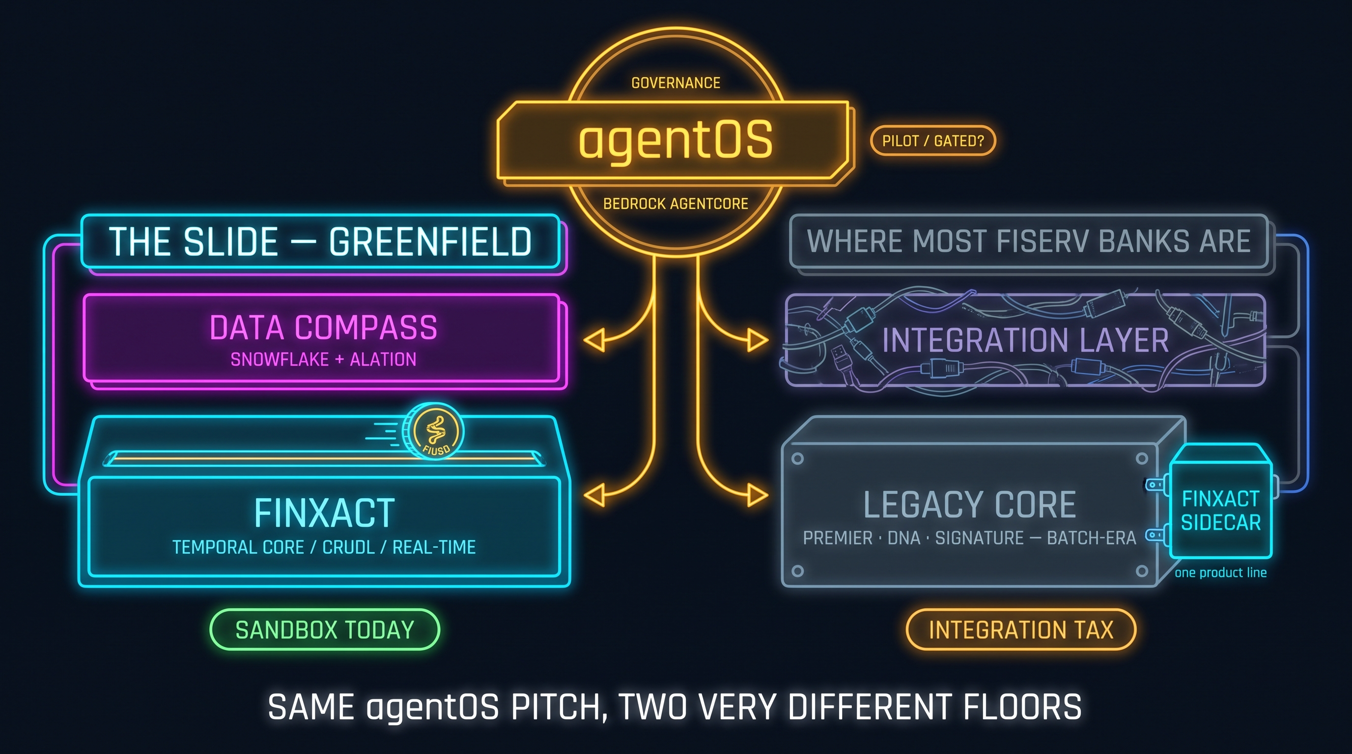 A neon-cyberpunk diagram contrasting two floors under the same agentOS control plane wrapped in a governance ring: on the left the greenfield path Fiserv puts on the slide, agentOS to Data Compass to a Finxact temporal core with a FIUSD coin riding the ledger and a sandbox-today tag, and on the right where most Fiserv banks sit today, agentOS reaching a batch-era legacy core labeled Premier, DNA, and Signature through an integration layer with Finxact bolted on as a small sidecar for one product line and an integration-tax tag