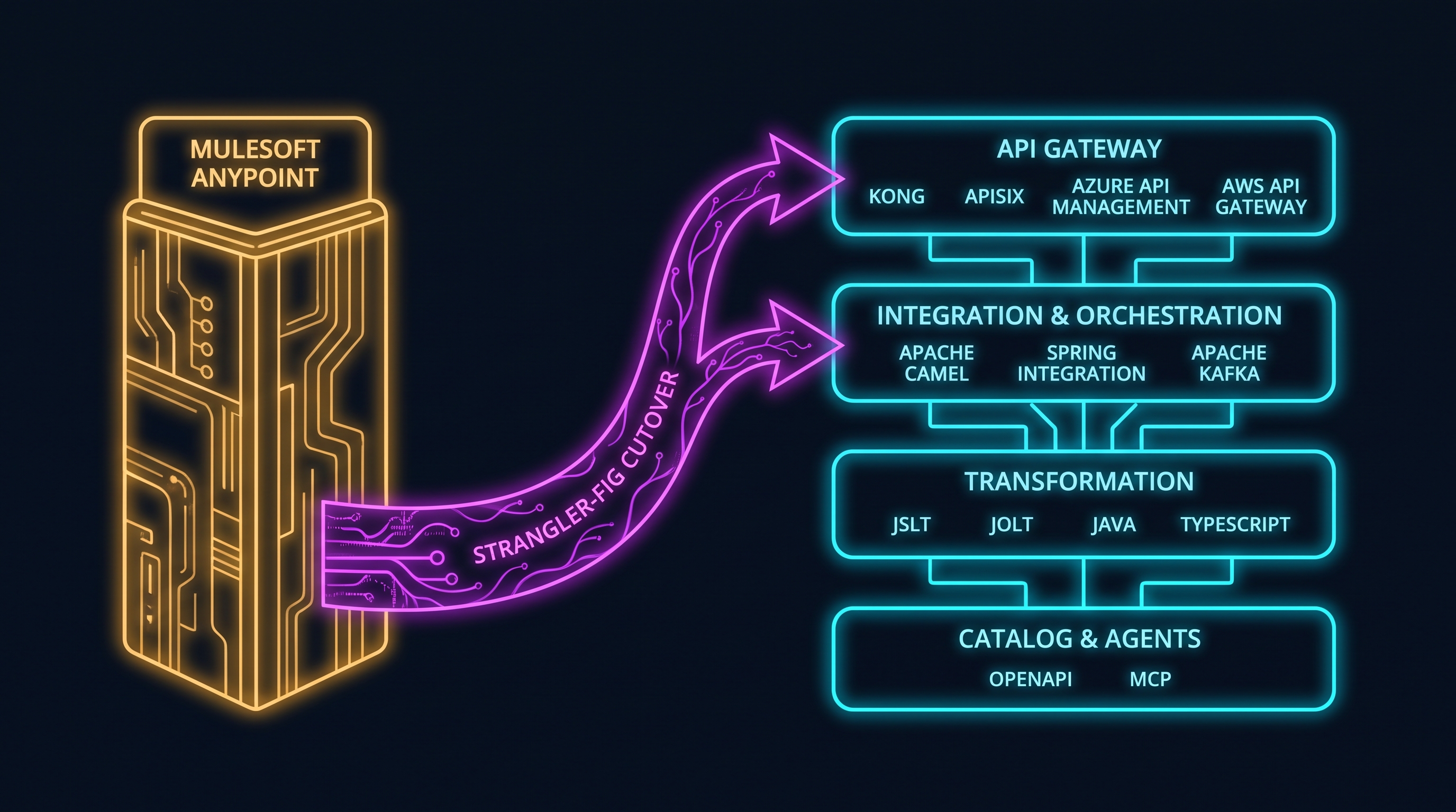 The four layers of a MuleSoft exit architecture, with named substitutes per layer and a strangler-fig cutover from the incumbent estate