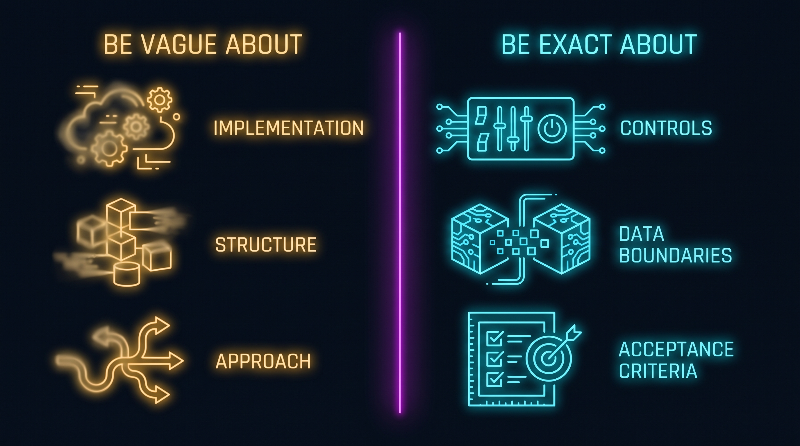 Two columns: be vague about implementation, structure, and approach; be exact about controls, data boundaries, and acceptance criteria