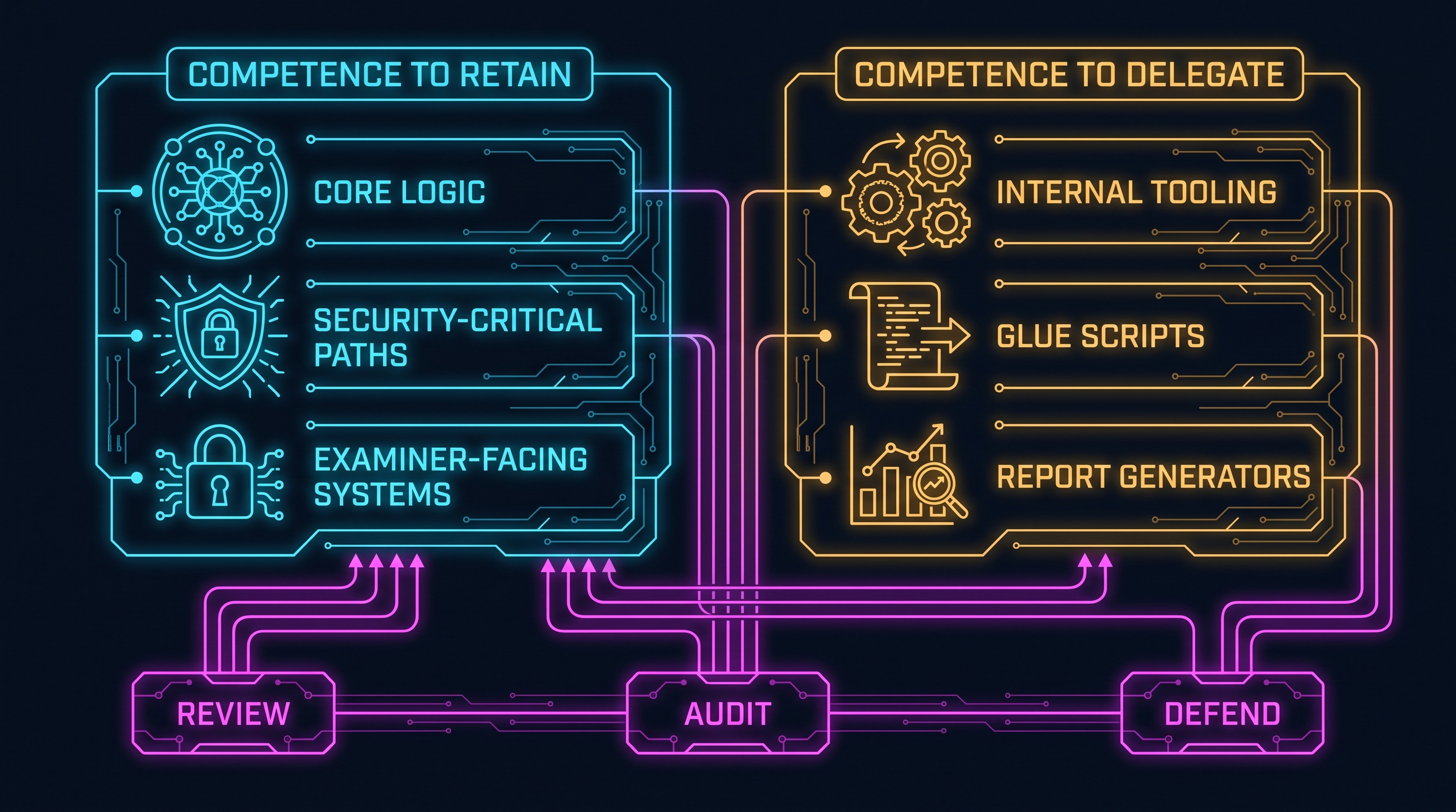 Competence you must retain versus competence you can delegate, mapped against your obligation to review, audit, and defend