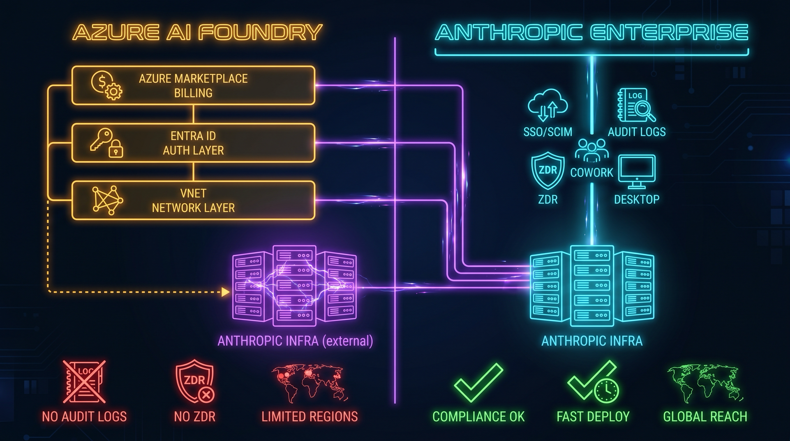 Azure AI Foundry vs Anthropic Enterprise — architectural comparison showing where Claude actually runs and what each path controls
