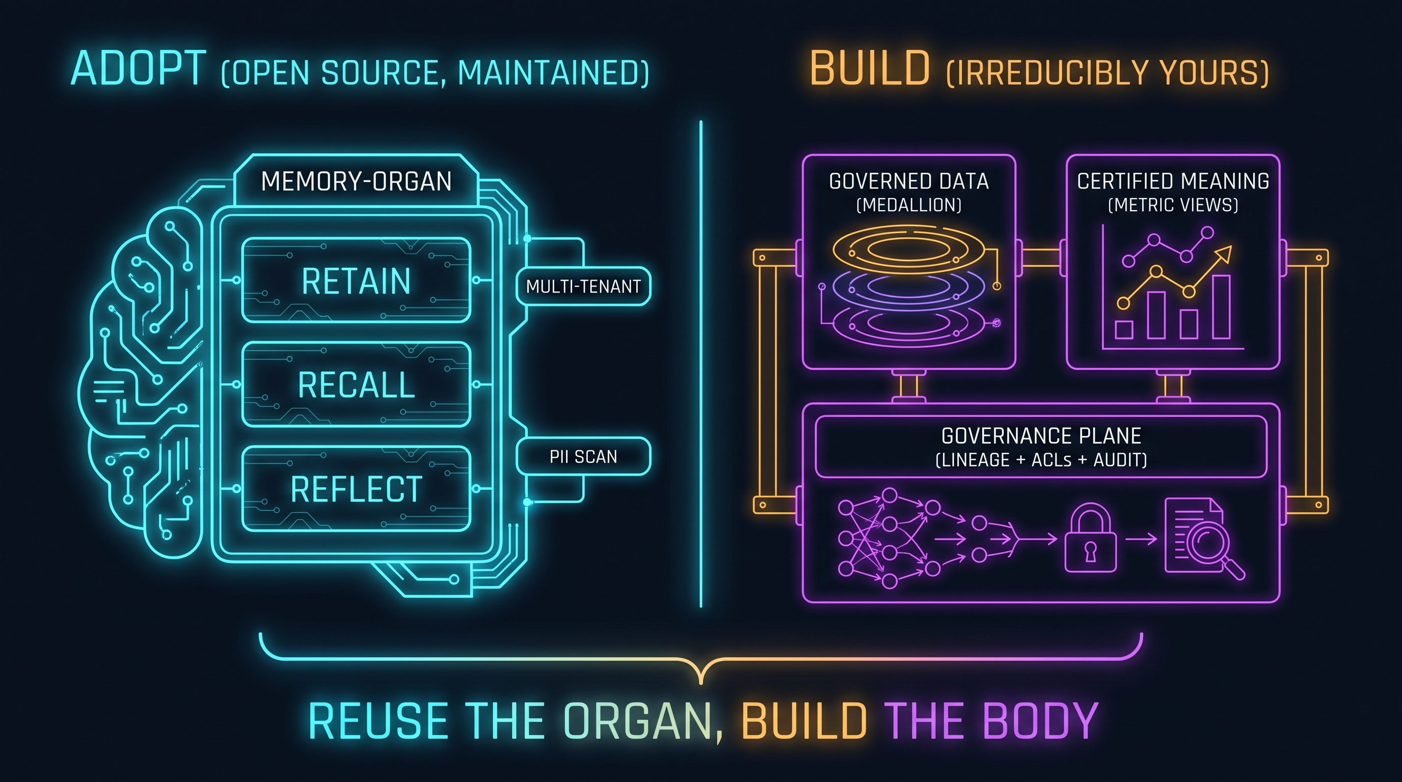 A two-column diagram. Left column, solid and lit, labeled "Adopt (open source, maintained)": an agent-memory organ with Retain, Recall, Reflect, multi-tenant isolation, and PII scanning. Right column, under construction, labeled "Build (irreducibly yours, from the lakehouse)": a governed business-data substrate (medallion), a certified semantic layer (metric views), and a governance plane of lineage, access control, and audit. A bracket joins both under the caption: reuse the commodity organ, build the differentiated body.