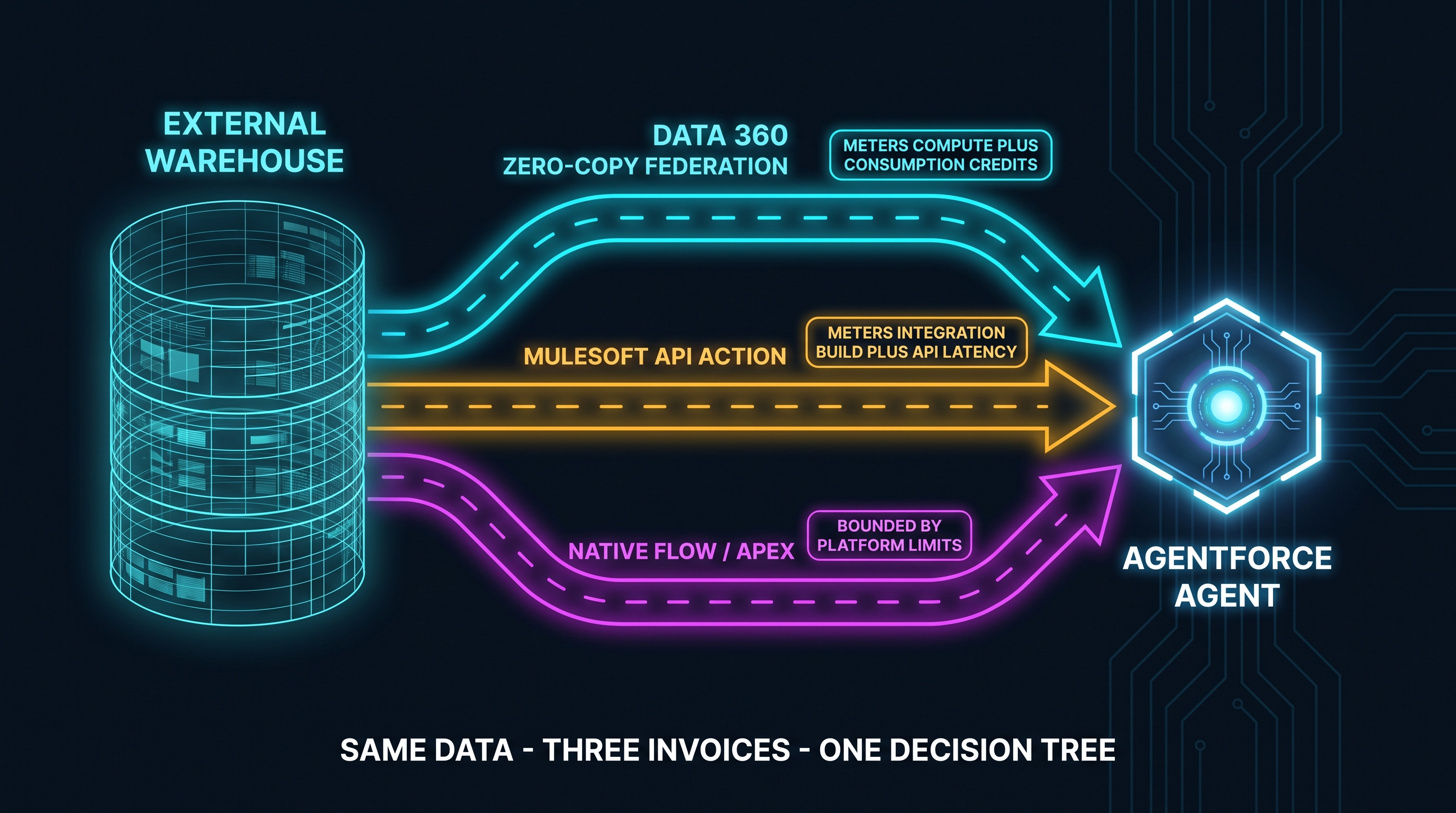 Three roads converge on a single Agentforce agent from one external data warehouse. The top lane is Data 360 zero-copy federation, labeled as metering compute and consumption credits. The middle lane is a MuleSoft API exposed as an agent action, labeled as metering integration build plus API latency. The bottom lane is a native Flow or Apex action, labeled as bounded by platform governor limits. A caption underneath reads: same data, three invoices, one decision tree.