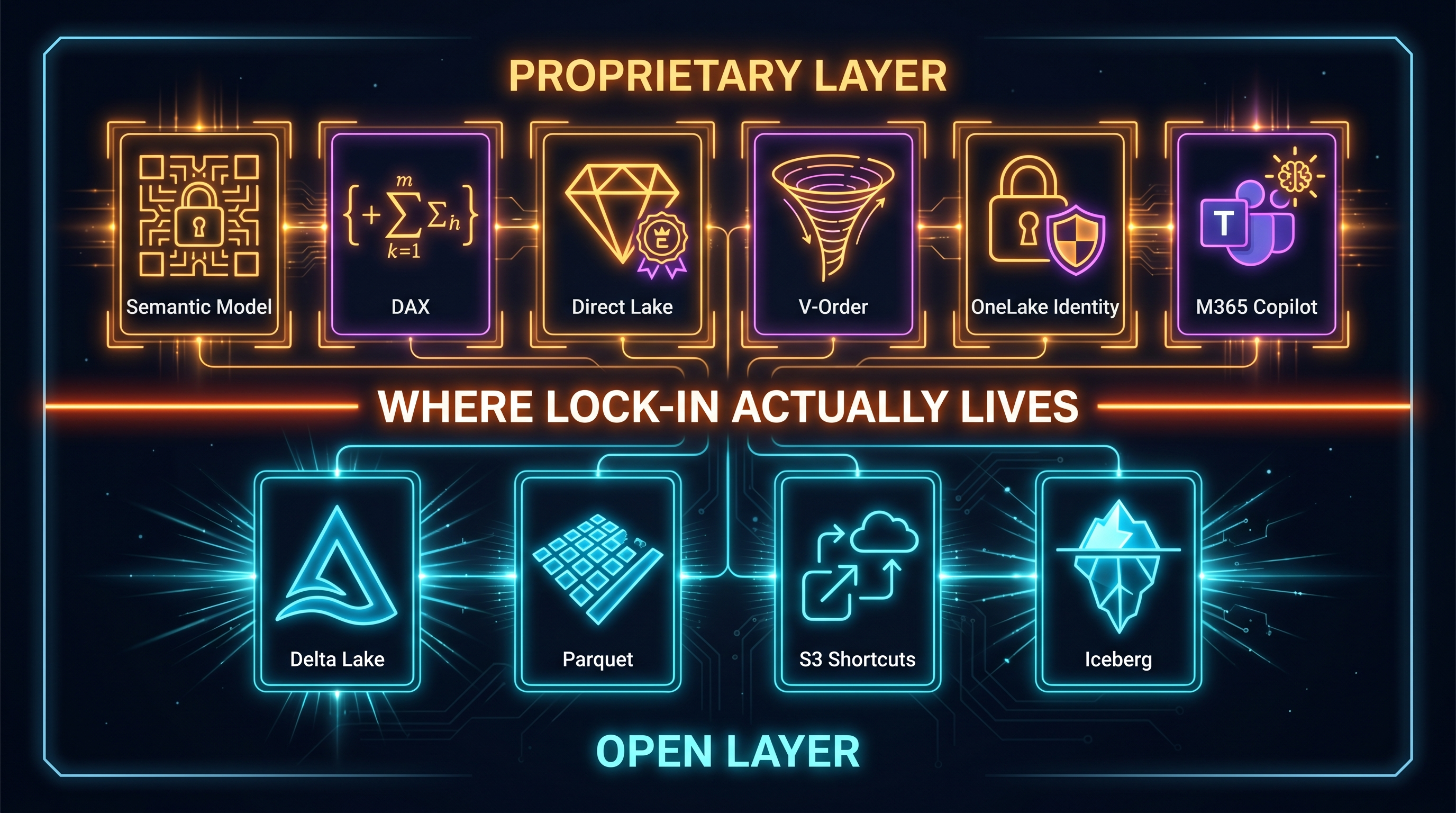 Fabric's two-tier lock-in structure — open storage layer below, proprietary experience layer above
