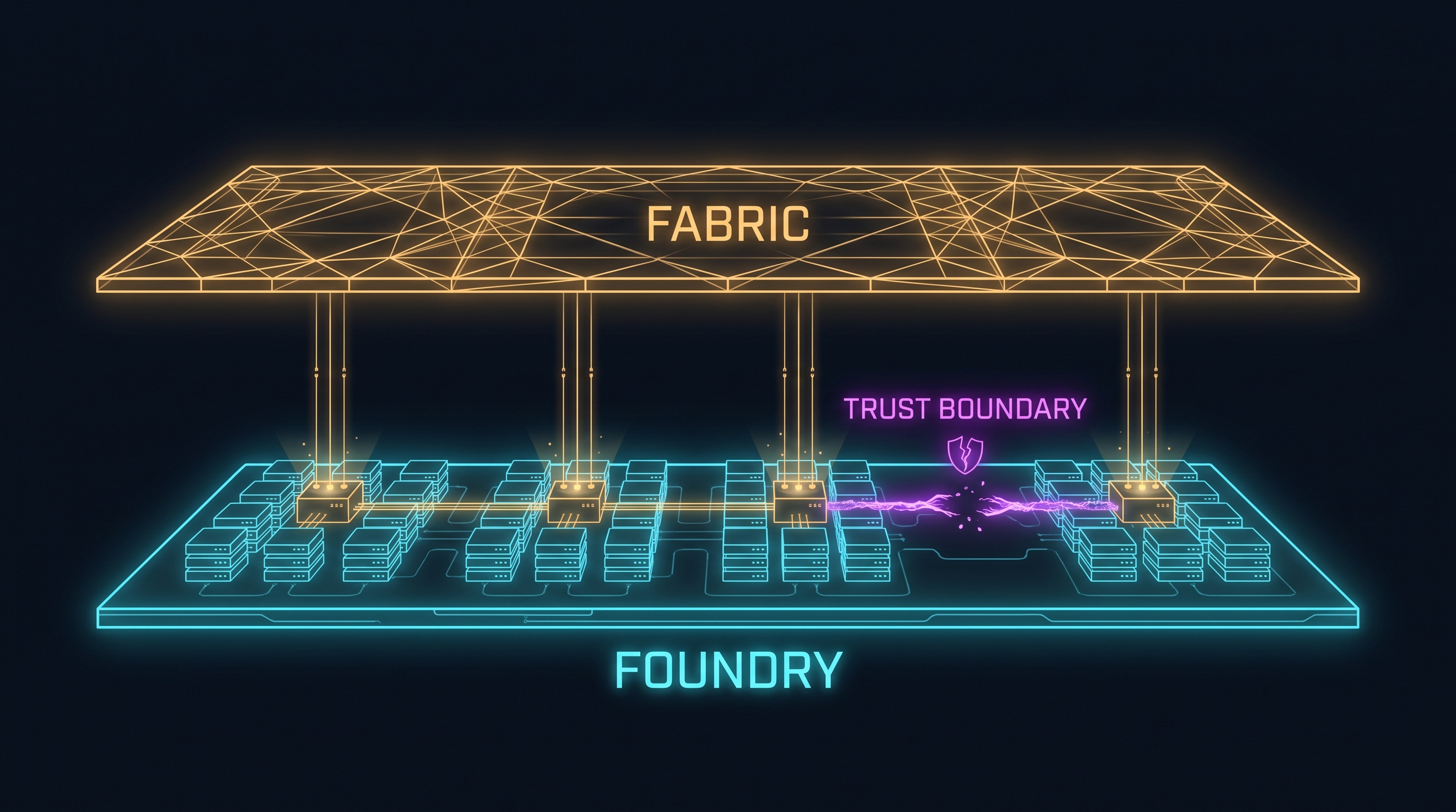 A coexistence stack: a model and agent runtime at the base, a federation and governance plane spanning multiple vendor gateways above it, and a frayed seam at the agent-to-agent trust boundary