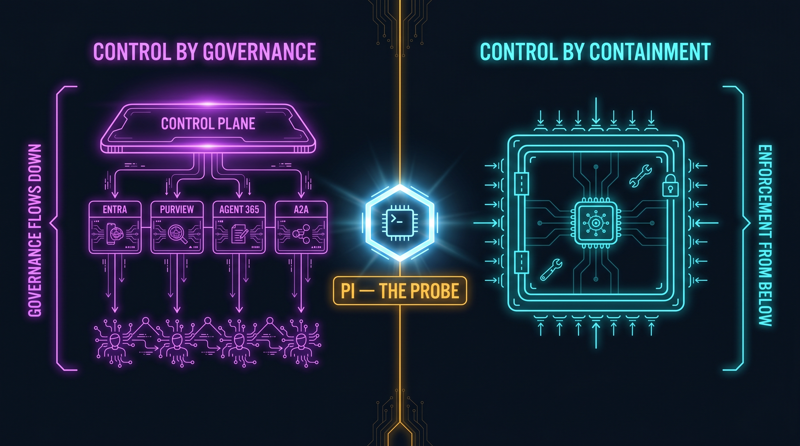 Two postures for agent control: control-by-governance, where identity, policy, and the control plane flow down from Microsoft's platform, versus control-by-containment, where a thin harness on pi enforces from below — with the coding agent positioned at the seam as the adversarial probe where governance either holds or breaks first