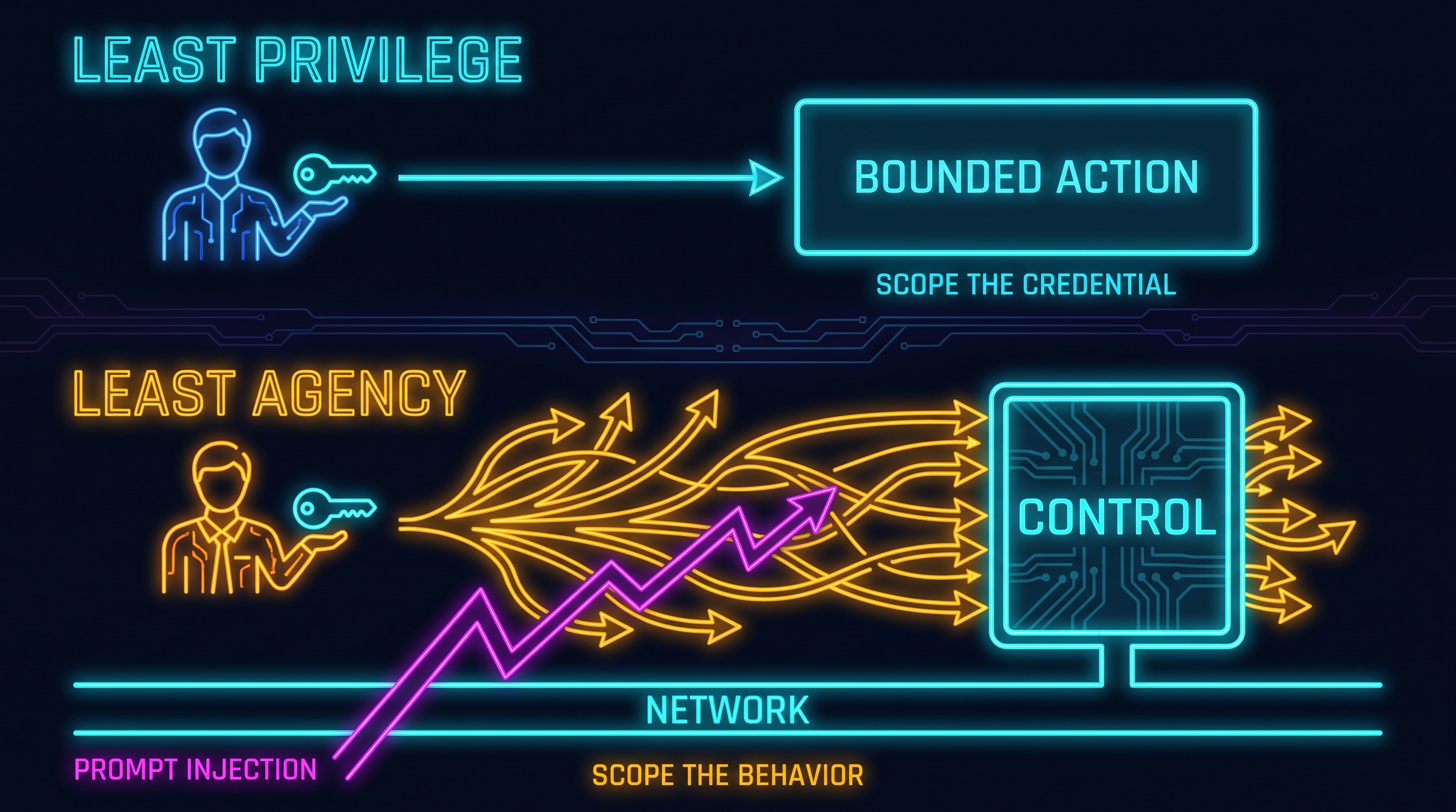 Diagram contrasting least privilege (scope the credential to one bounded action) against least agency (the same credential fanning into many actions at machine speed, prompt injection arriving below the network, a deterministic control bounding behavior)