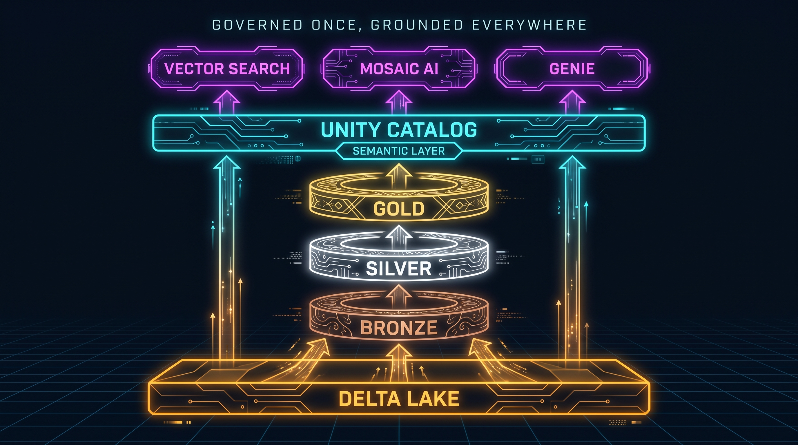 A layered stack diagram, bottom to top: Delta Lake object storage, then Bronze, Silver, and Gold medallion tiers, feeding a Unity Catalog governance and semantic layer, feeding Vector Search and Mosaic AI agents and Genie at the top, with the label "governed once, grounded everywhere"
