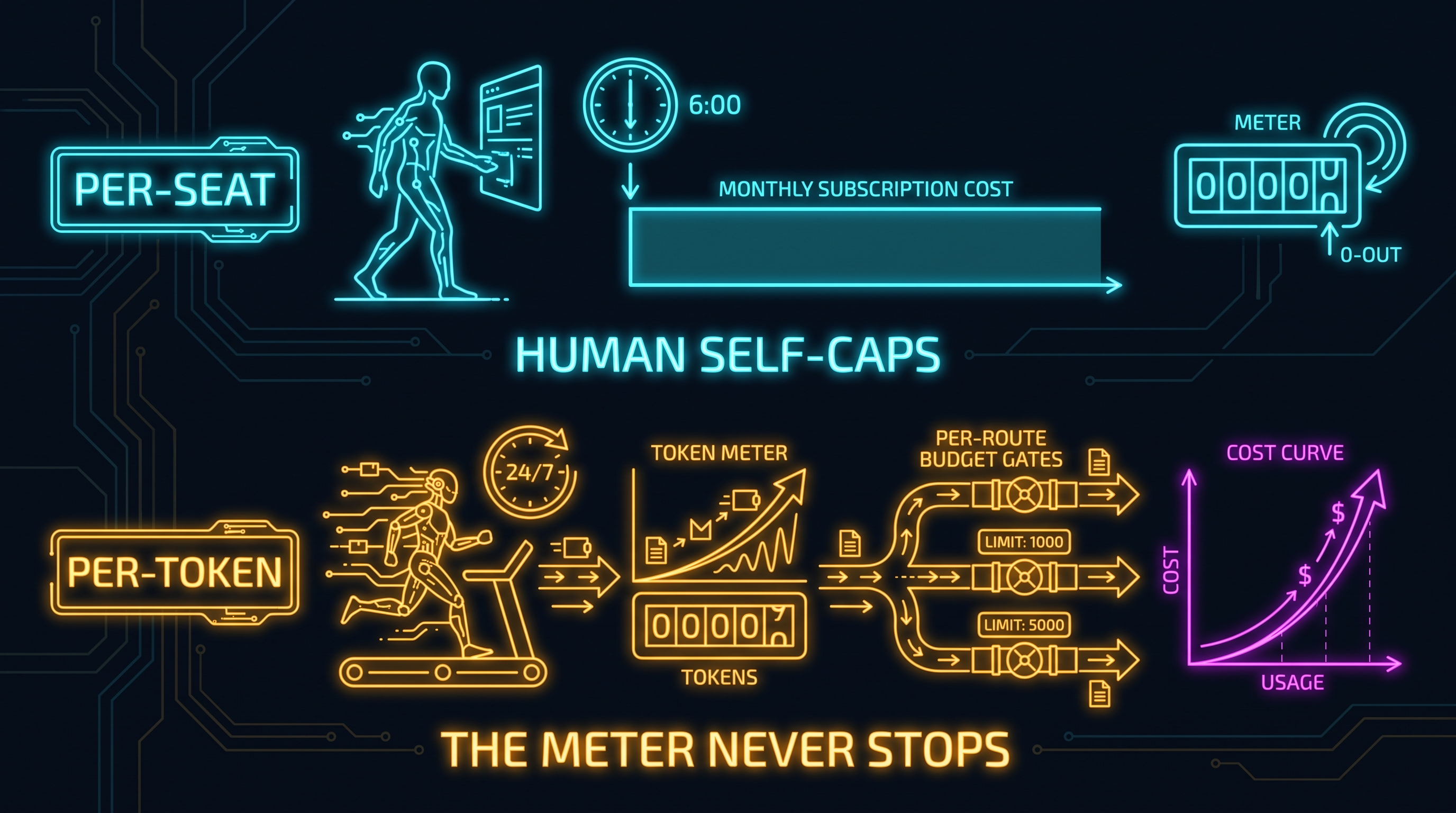 Diagram contrasting per-seat budgeting where a human self-caps at logoff against per-token metering where an agent runs continuously through per-route budget gates on a rising cost curve