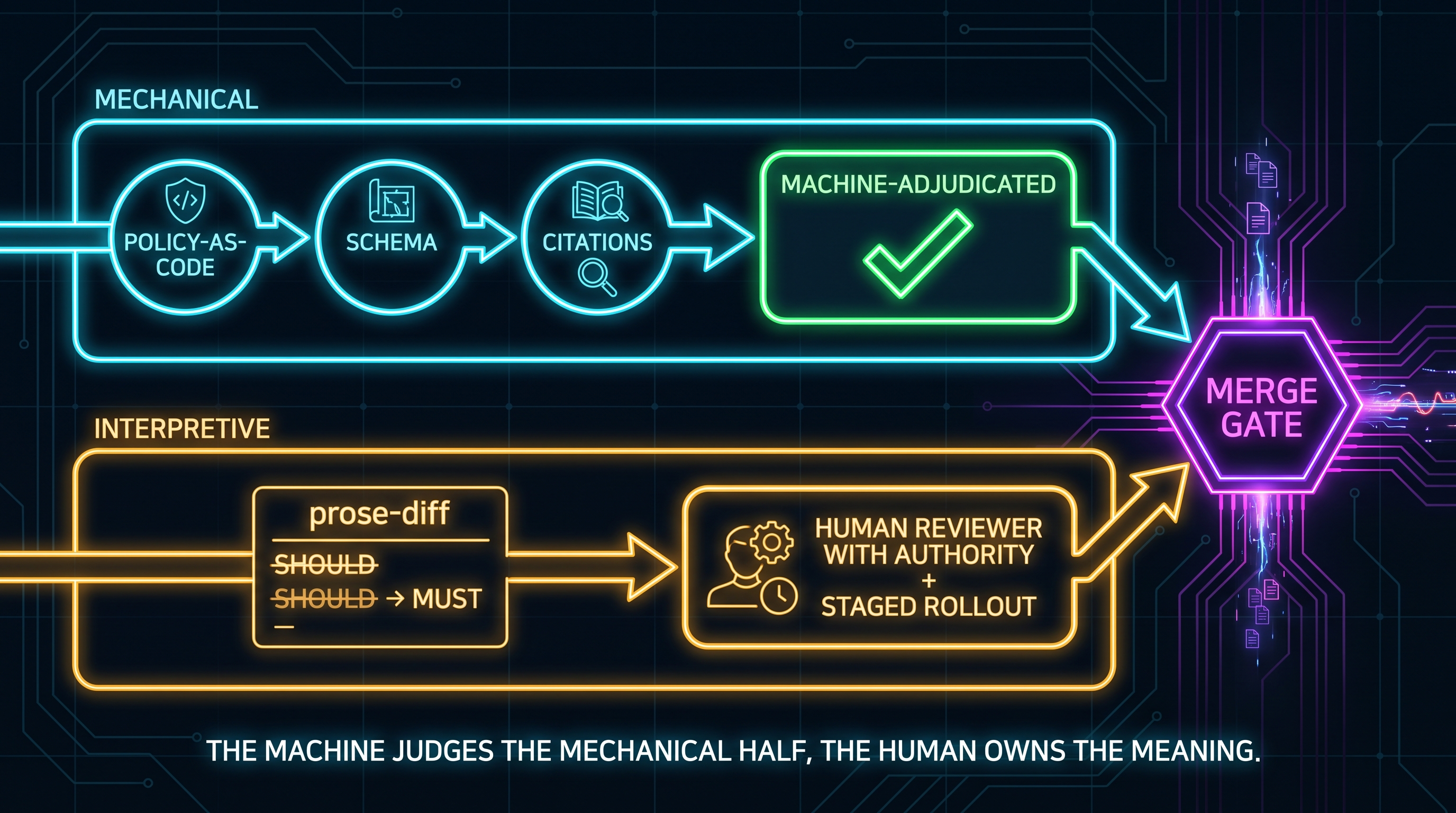 Two lanes meeting at a single merge gate. The top MECHANICAL lane shows policy-as-code, schema, and citation checks flowing into a machine-adjudicated pass or fail. The bottom INTERPRETIVE lane shows a one-word prose diff, should becoming must, flowing to a human reviewer with authority and a staged rollout. Both lanes converge at a MERGE GATE. Caption: the machine judges the mechanical half, the human still owns the meaning.