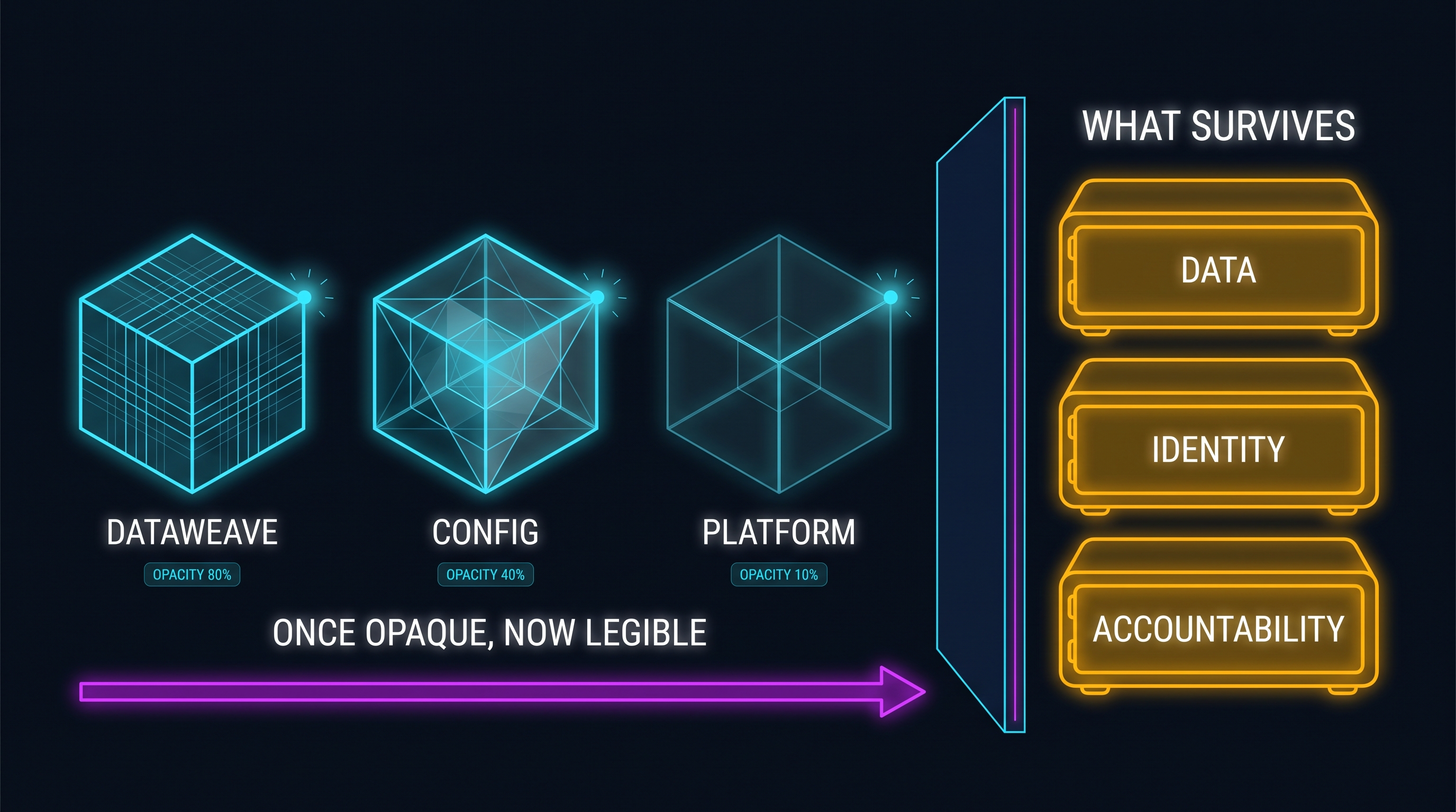 The chase ends: the series' opaque layers, DataWeave then config then platform, turning from black box to glass as an agent reads each one, an arrow running the sequence and stopping at a wall, and past it three solid vaults that stay opaque, data, identity, and accountability, labeled what survives