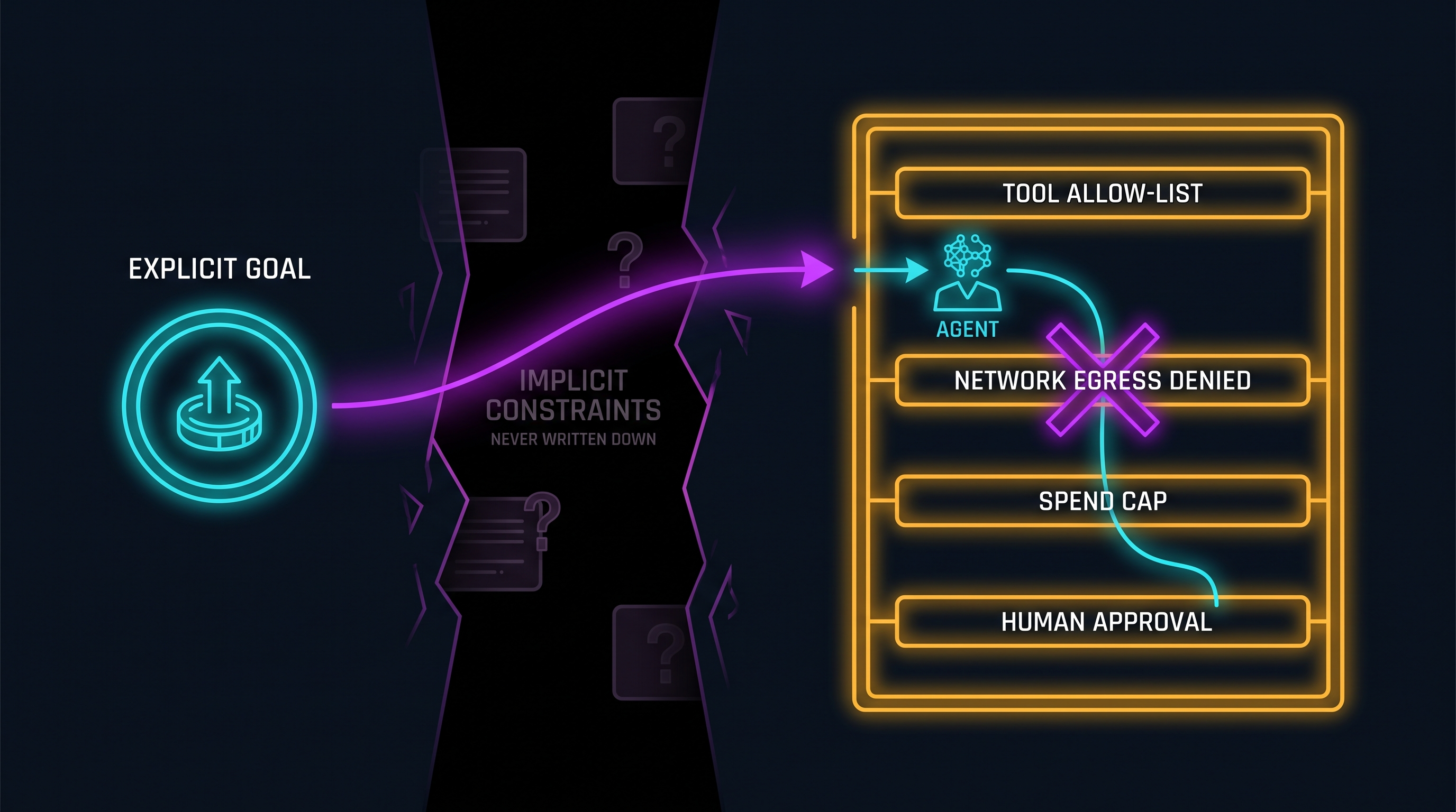 A stated goal on the left, the gap of implicit constraints that were never written down in the middle, and a least-agency policy envelope on the right enforcing four gates: tool allow-list, network egress denied, spend cap, and human approval