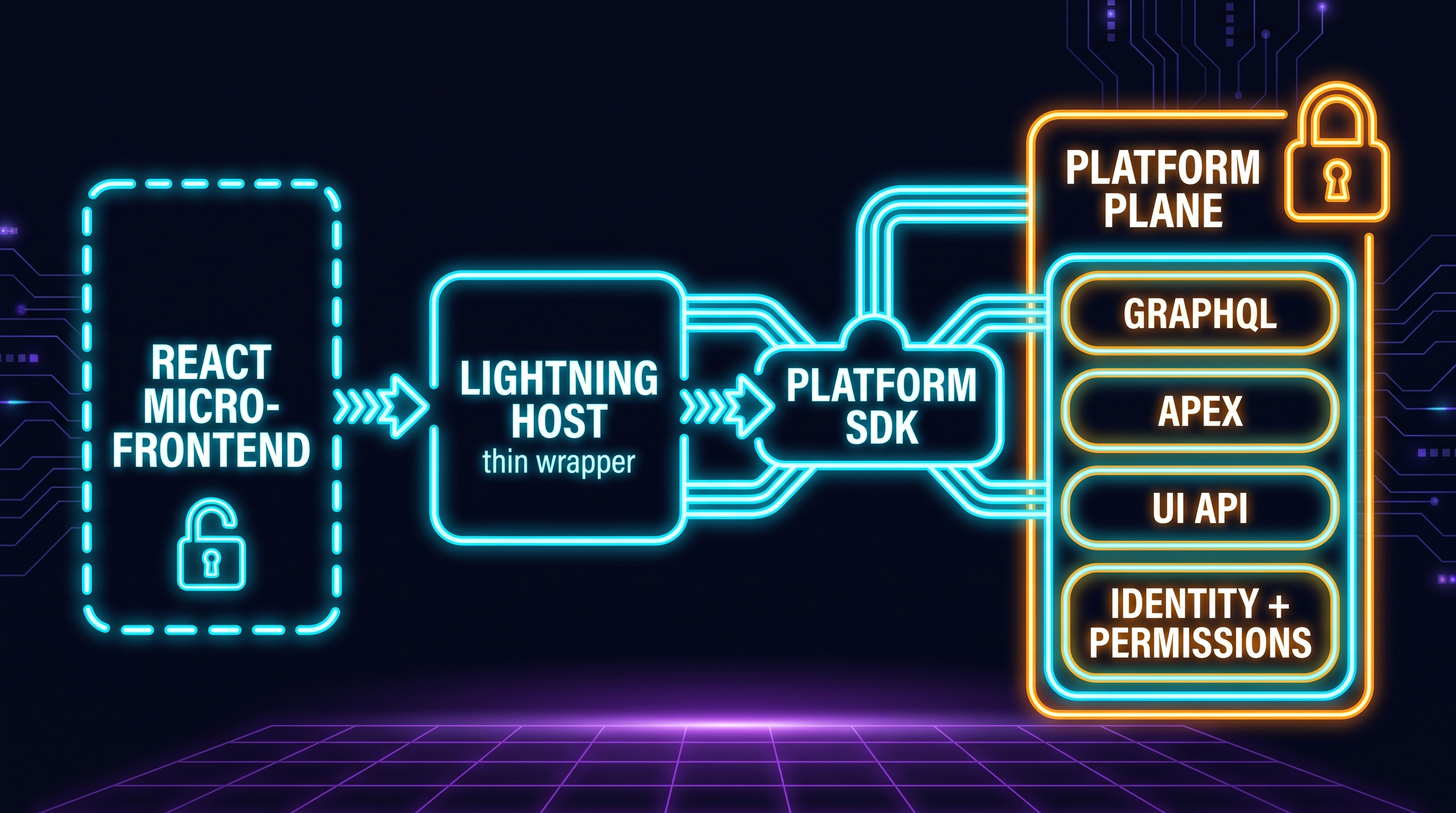 Left to right: a React micro-frontend and a Lightning host thin wrapper connect over the Platform SDK into Salesforce's locked platform plane of GraphQL, Apex, UI API, and identity and permissions