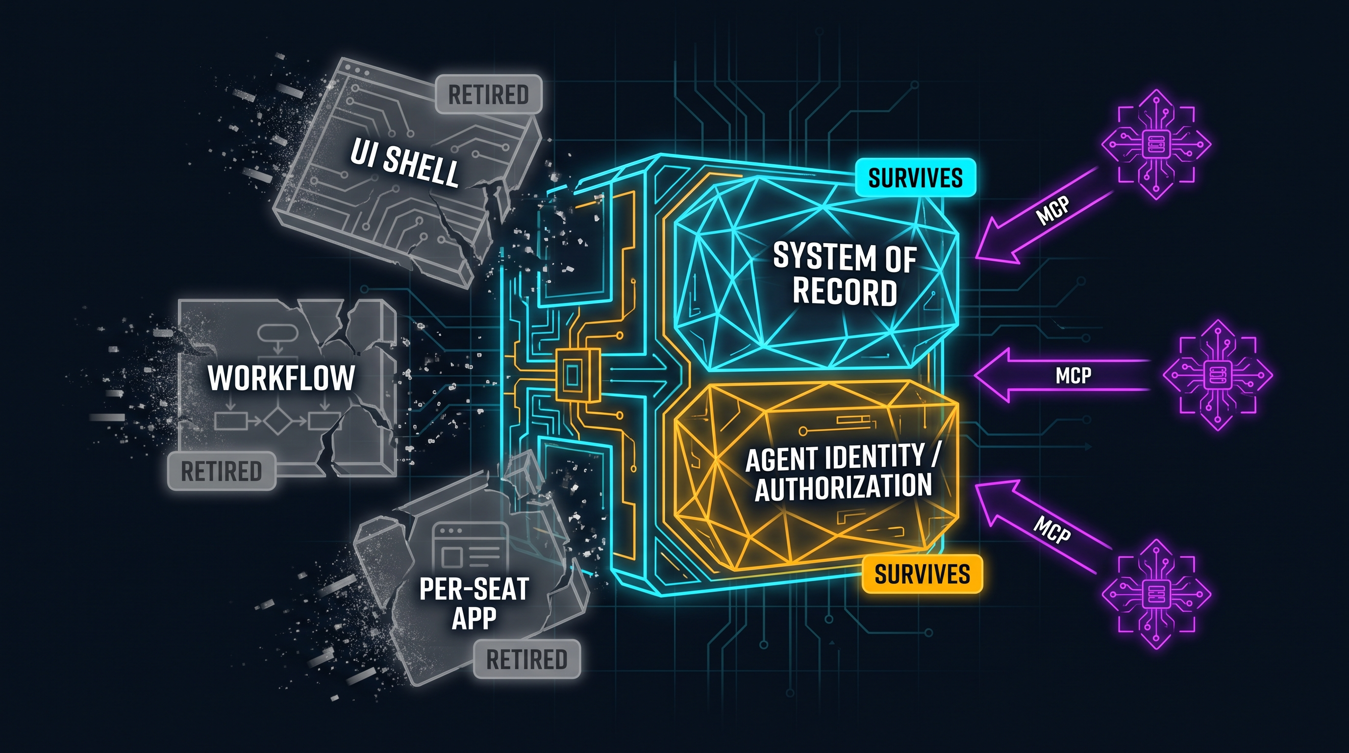 The platform block dissolving in the agent era: three greyed-out slabs labeled UI shell, workflow, and per-seat app are tagged retired and breaking apart, while two bright layers labeled system of record and agent identity and authorization are tagged survives, with agent nodes on the right connecting inward over MCP