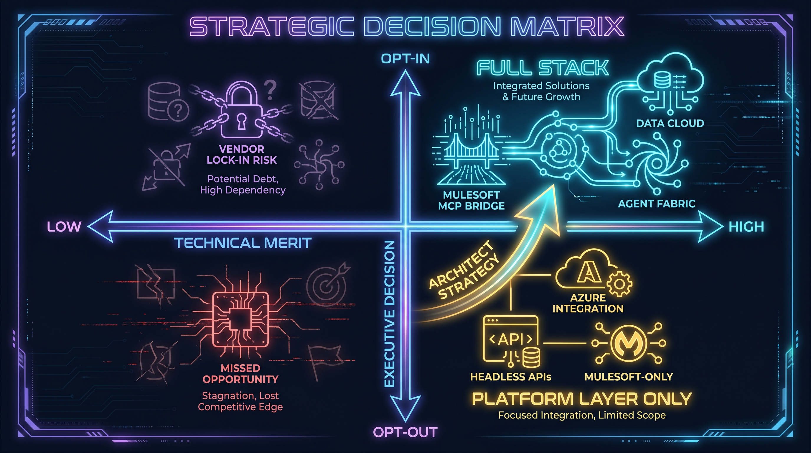 Strategic Decision Matrix — Technical merit vs executive decision, mapping the Salesforce investment along both axes