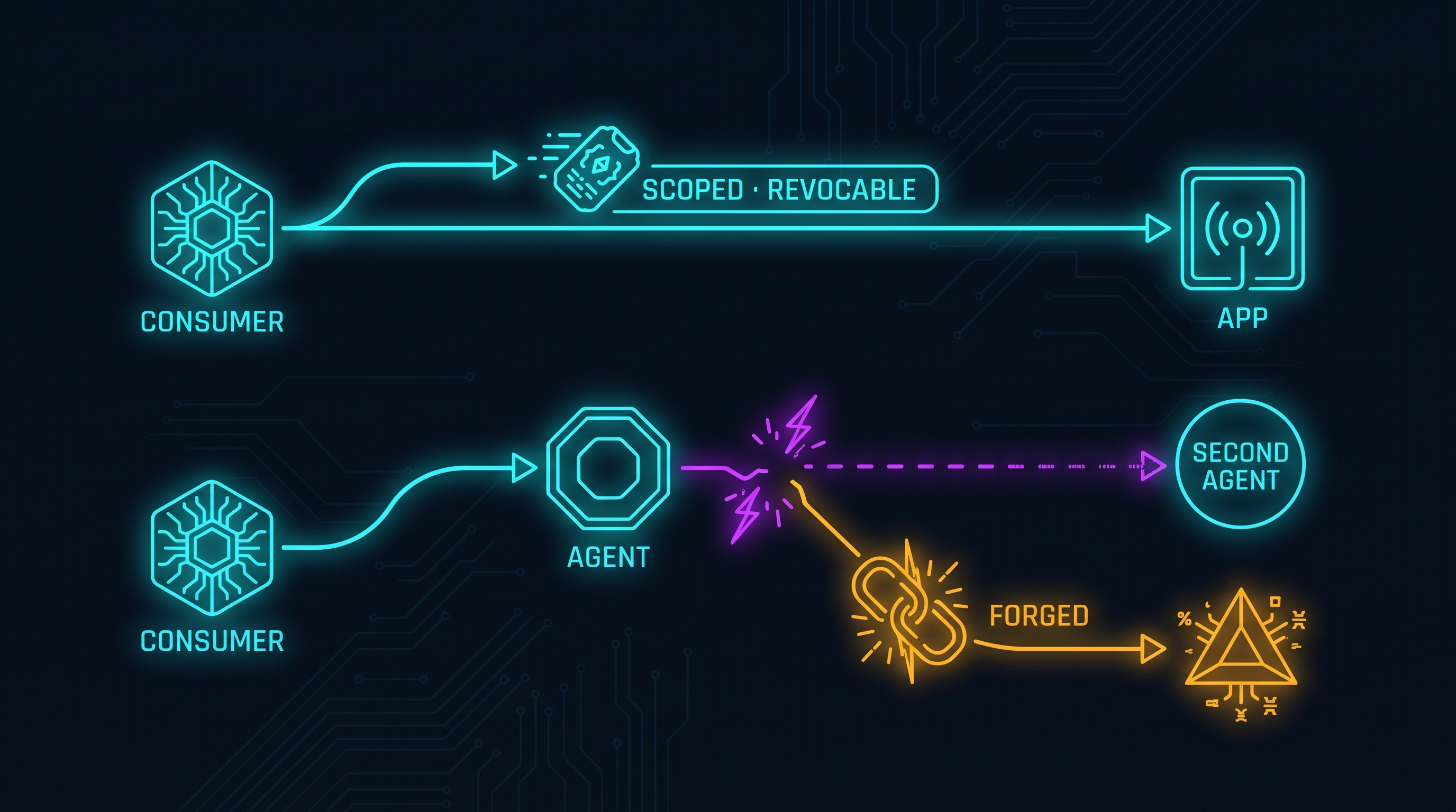 Diagram contrasting the intended two-party consent path with the broken agent-handoff path, where the consent chain either snaps or a forged credential is minted for an unnamed agent