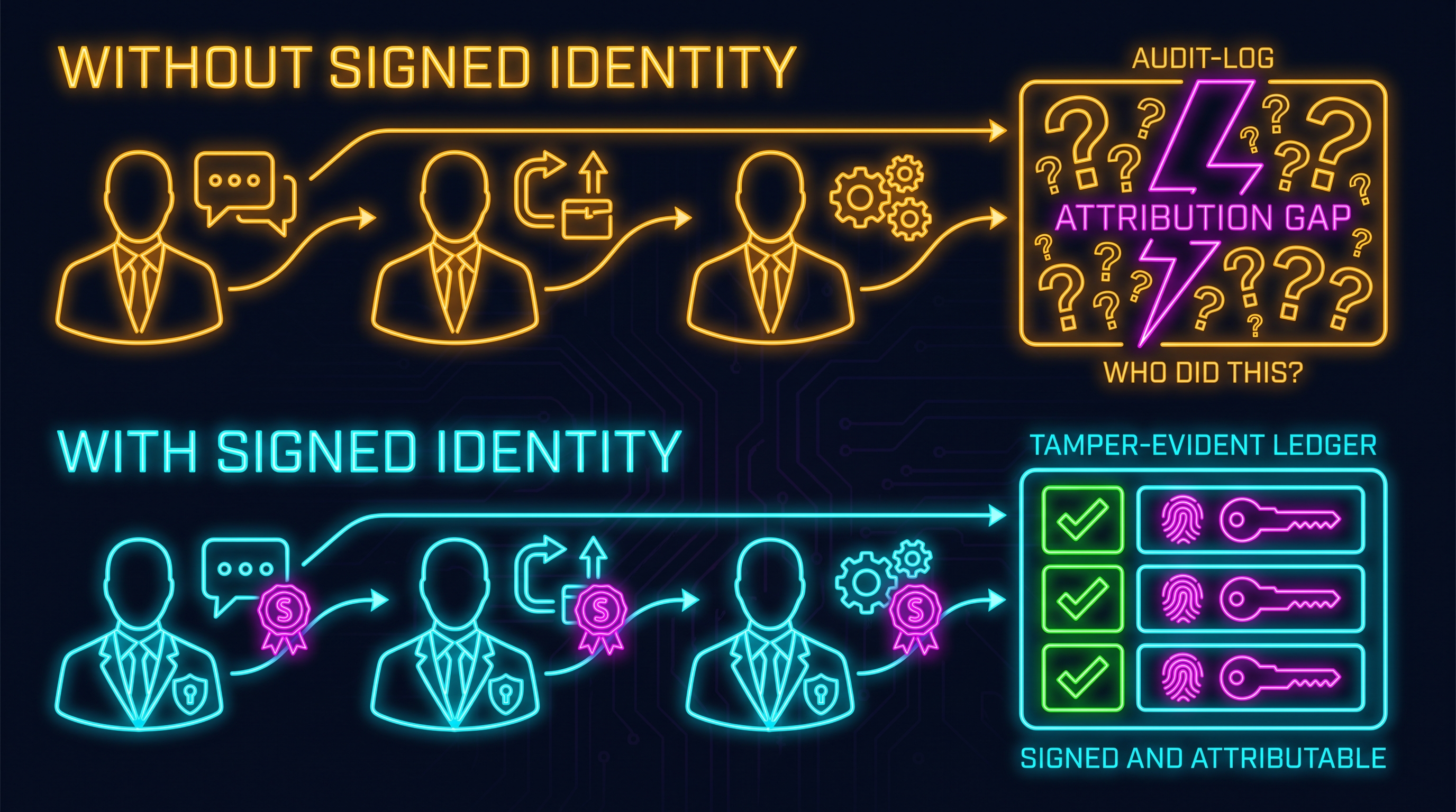 Diagram in two rows contrasting agent action without and with signed identity. Top row, labeled without signed identity, shows several unlabeled agents taking actions like posting, opening a pull request, and running an automation, all flowing into an audit log filled with question marks and an attribution gap. Bottom row, labeled with signed identity, shows each agent carrying a distinct cryptographic badge, every action stamped with a signature, flowing into a tamper-evident ledger of verified, attributable entries.