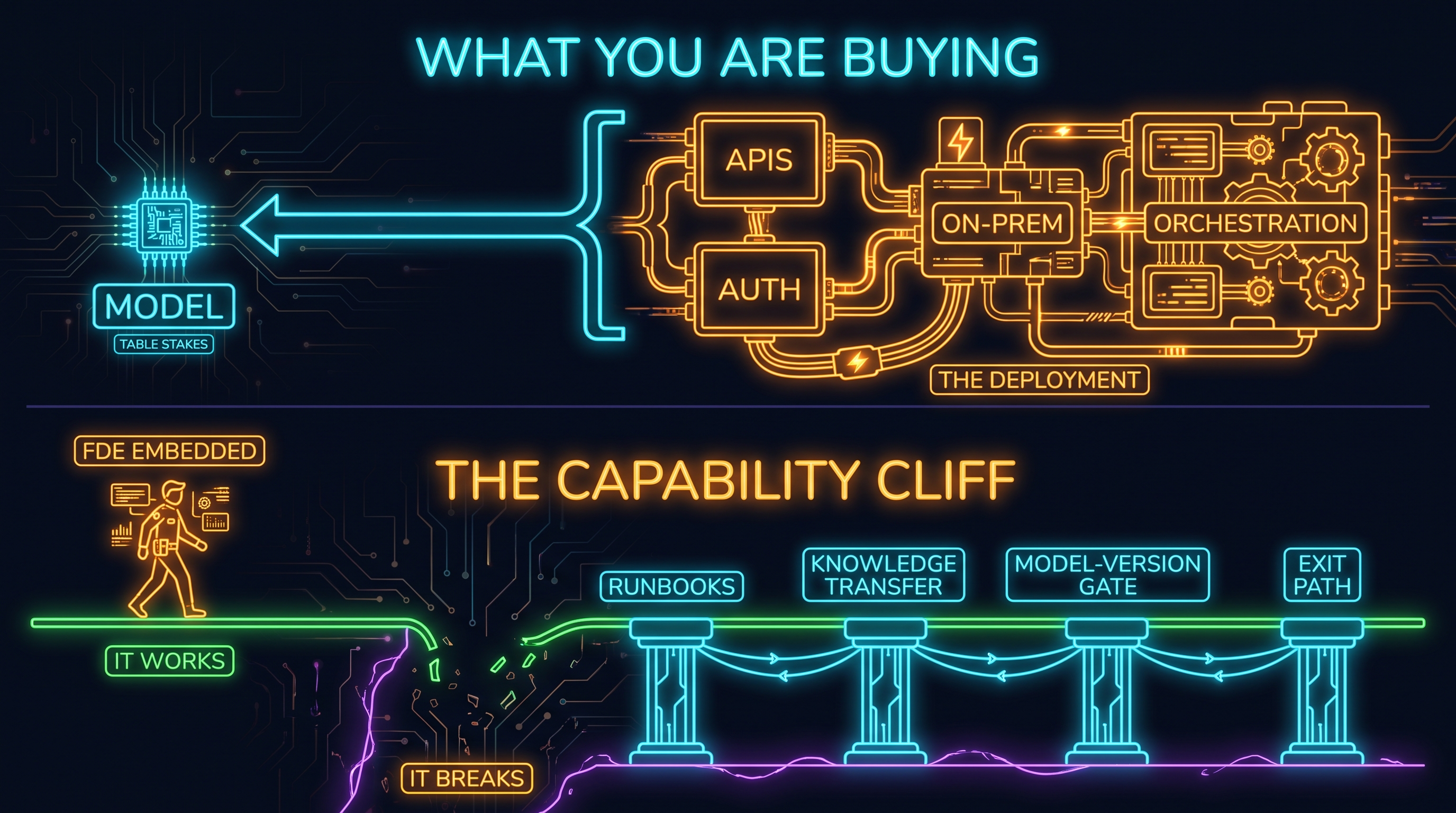 Diagram in two rows. Top row, labeled what you are actually buying, contrasts a small commoditized model chip against a much larger deployment and integration apparatus of APIs, authentication, on-prem wiring, and orchestration that a forward deployed engineer builds. Bottom row, labeled the capability cliff, shows a timeline where the agent works while the engineer is embedded, then drops off a cliff after the engineer rolls off, unless runbooks, knowledge transfer, a model-version gate, and an exit path bridge the gap.