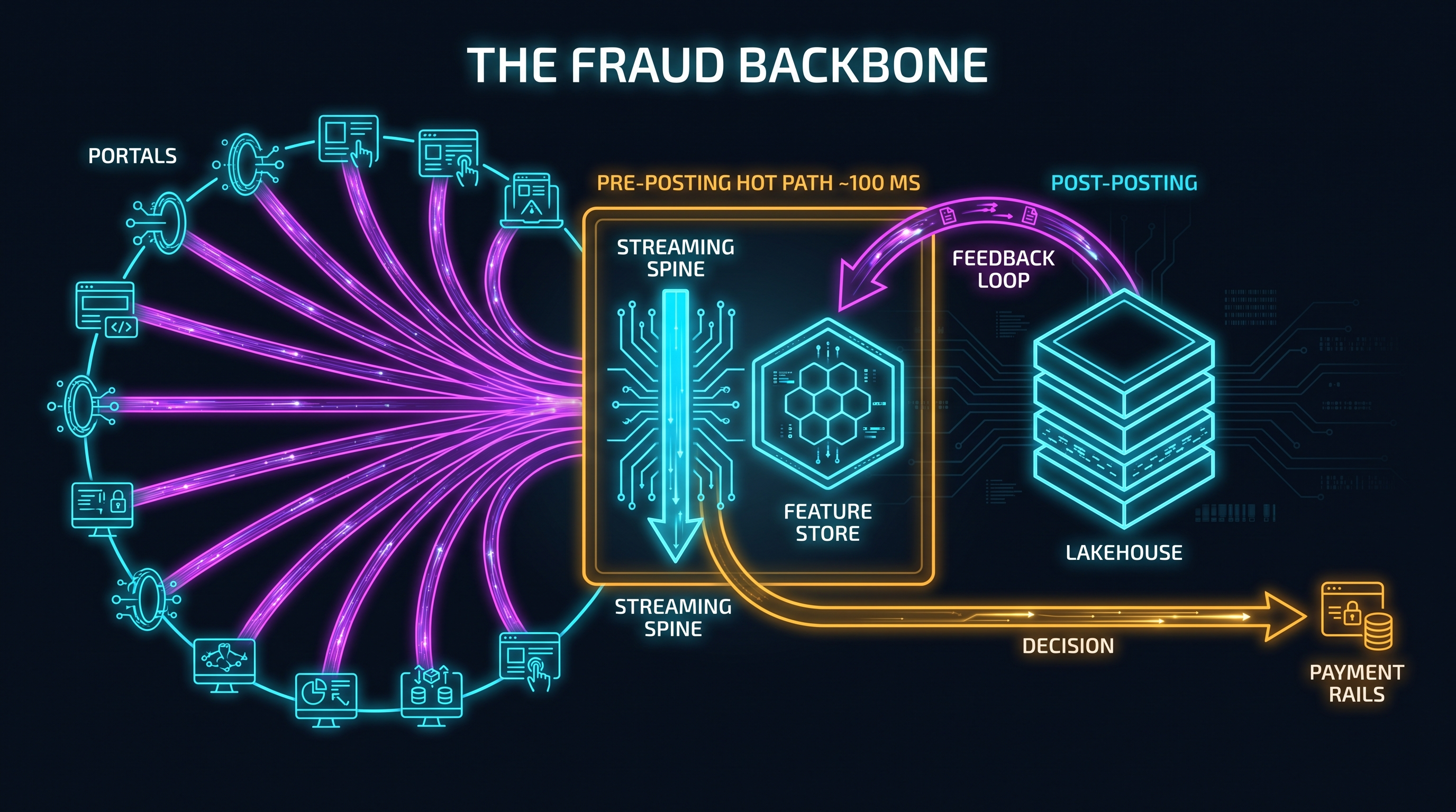 The fraud backbone: customer portals as sensors and actuators around a central streaming spine and in-memory feature store for pre-posting decisions, a lakehouse analytical spine for post-posting analysis, joined by a feedback loop that routes decisions back to the payment rails