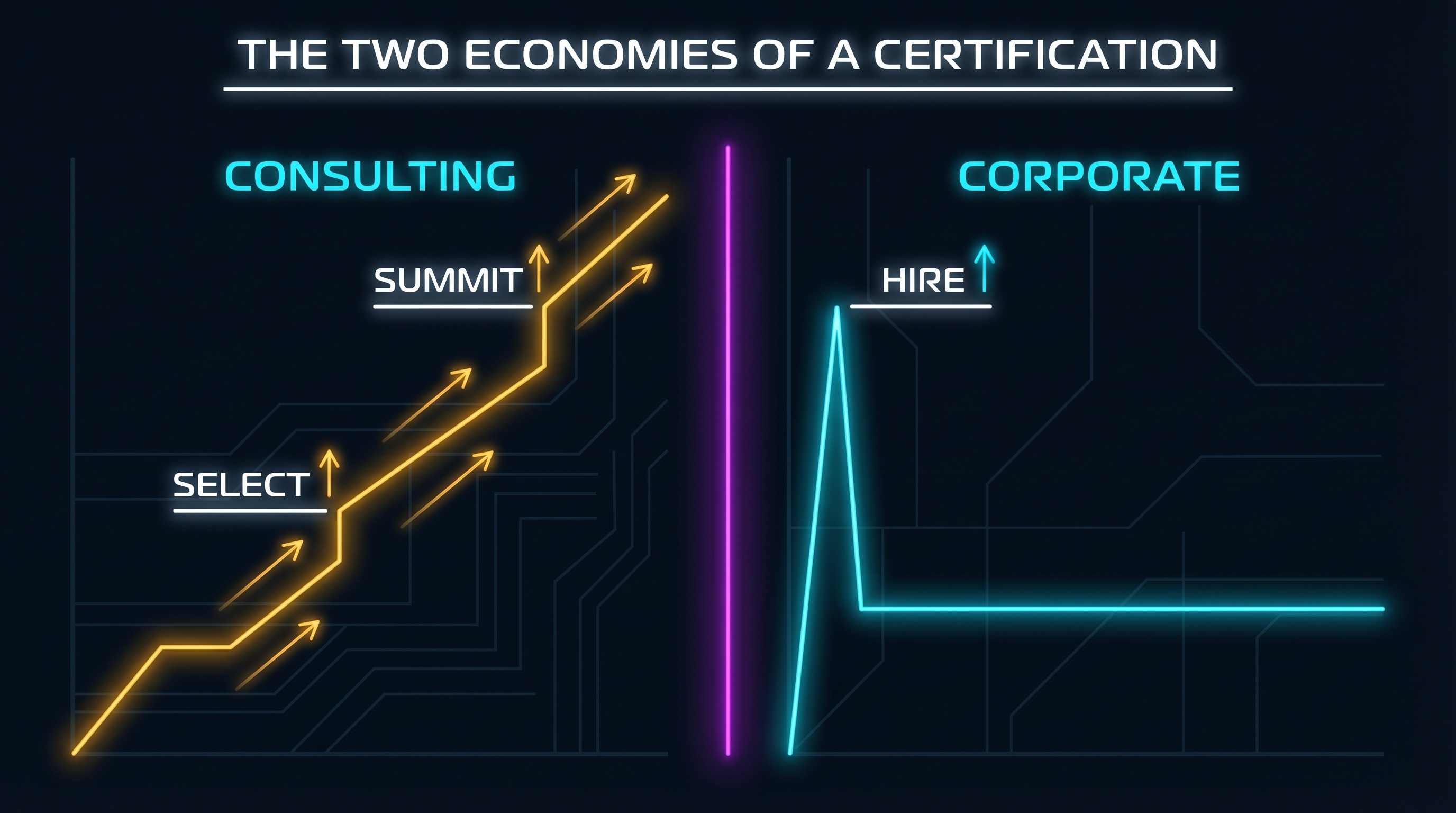 The two economies of a Salesforce certification: consulting-side value climbs through partner tiers, corporate-side value spikes at hire then flatlines