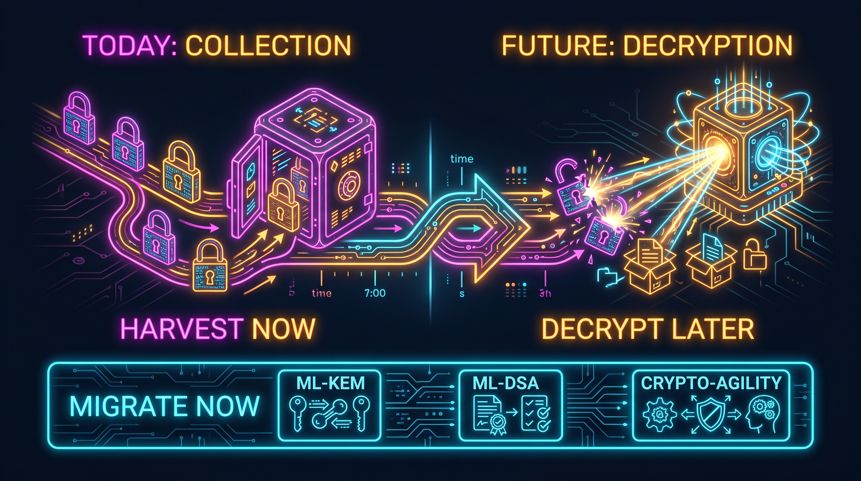 Diagram of harvest-now decrypt-later: encrypted traffic collected into a harvest vault today, decrypted by a future quantum computer, with a migrate-now strip of ML-KEM, ML-DSA, and crypto-agility