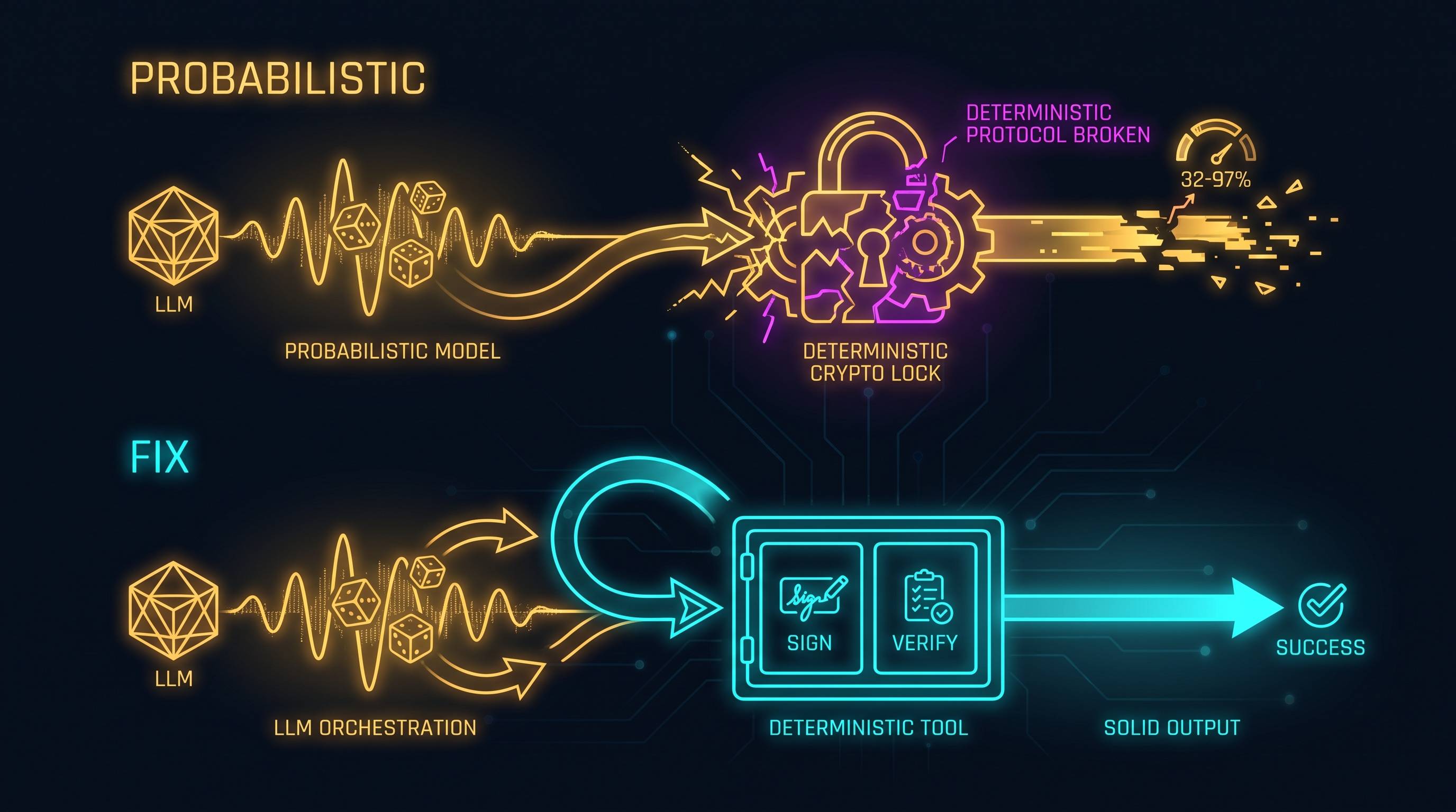 Diagram contrasting a probabilistic LLM driving the cryptographic protocol directly and breaking it (32 to 97 percent completion) against the fix, where the LLM only orchestrates and a deterministic tool performs the sign and verify steps