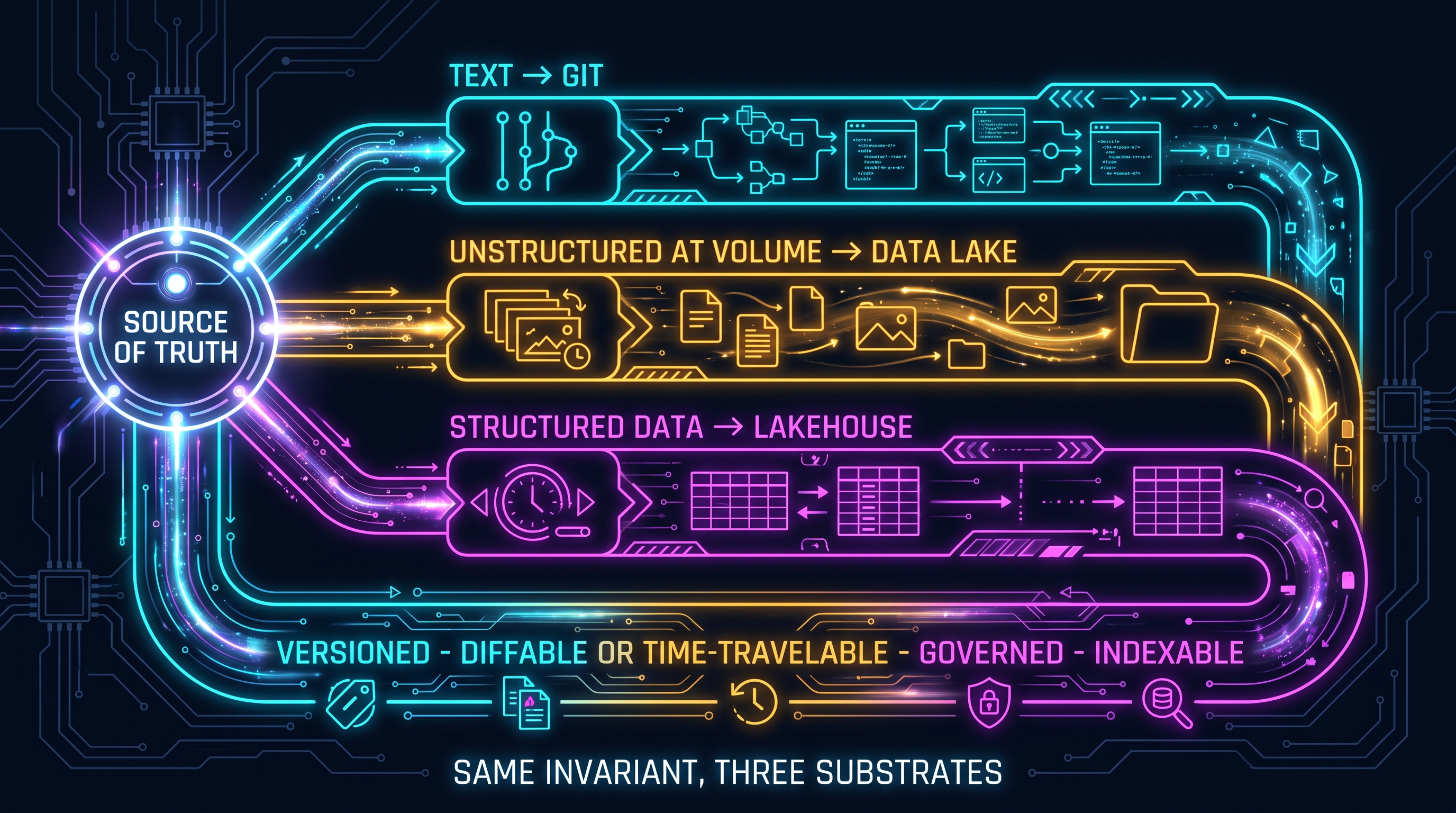 One glowing source of truth splitting into three substrate lanes by data shape. Lane one, TEXT, flows to GIT with a commit graph. Lane two, UNSTRUCTURED AT VOLUME, flows to a DATA LAKE with snapshot markers. Lane three, STRUCTURED DATA, flows to a LAKEHOUSE with a time-travel dial. Beneath all three runs a single band labeled versioned, diffable or time-travelable, governed, indexable. Caption: same invariant, three substrates.