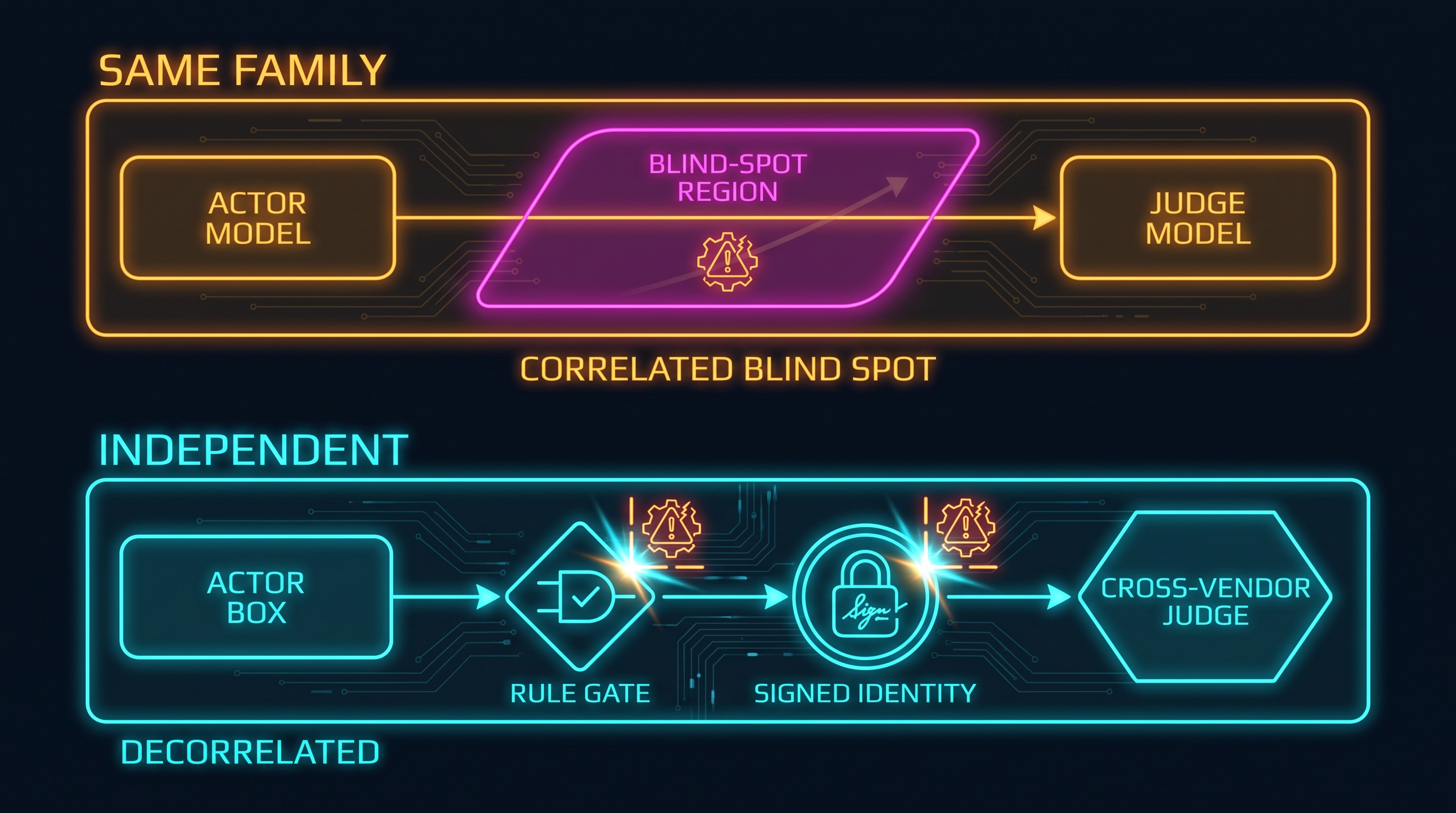 Diagram contrasting a same-family actor and judge sharing a correlated blind spot against an independent decorrelated chain of a cross-vendor judge, deterministic rule gate, and signed identity